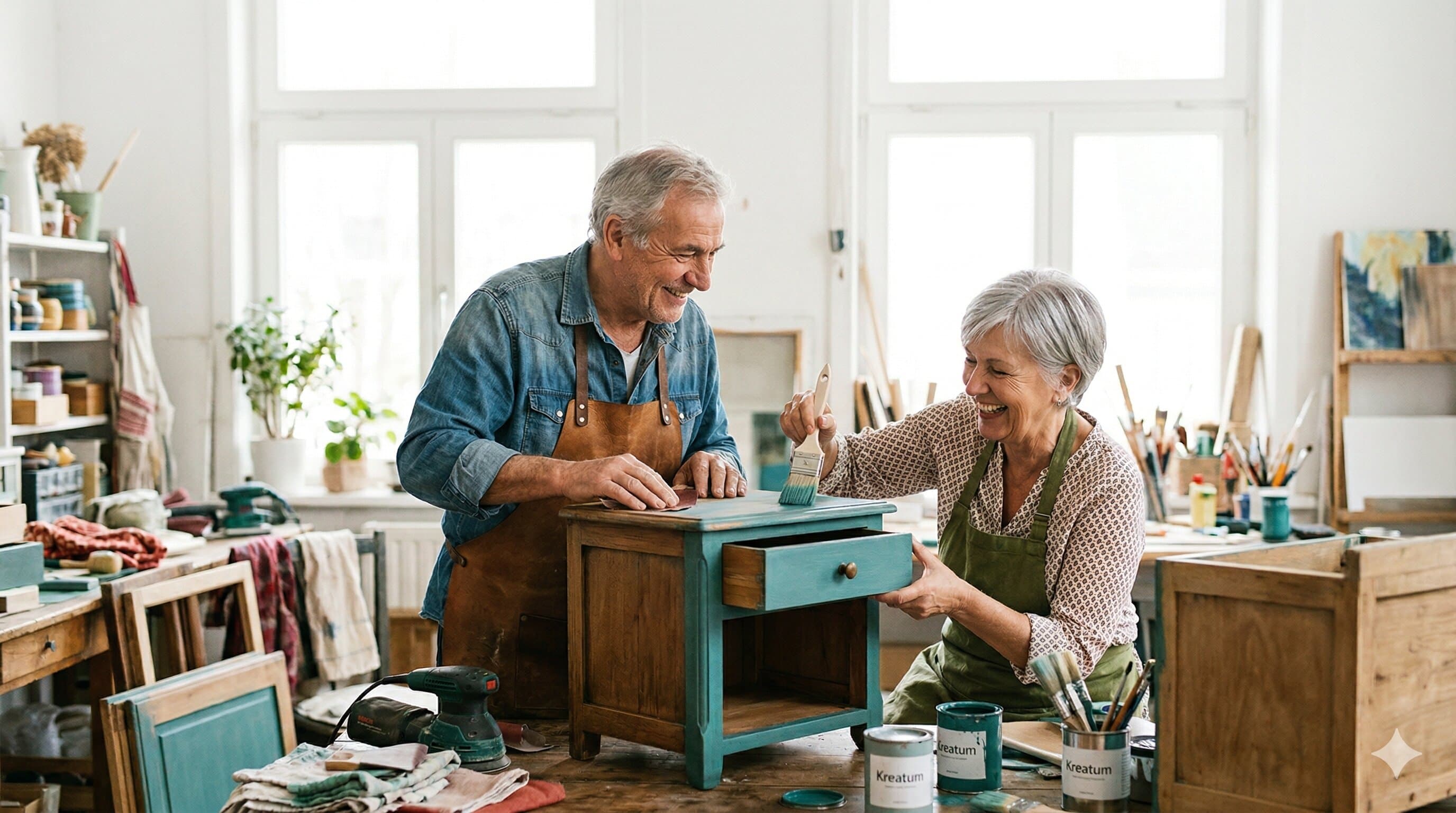 Colorful artist studio with shelves full of materials
